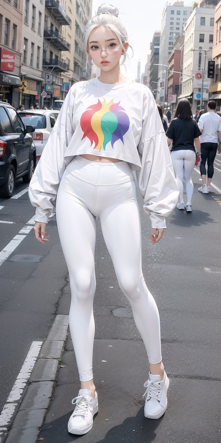 1 girl, lady, bright color, over size long shirt, (graphic_oversize_tshirt:1.2),  (white_leggings:1.5), converse sneakers, rainbow sun glasses, full body, hair bun, walking on crossing, NYC street