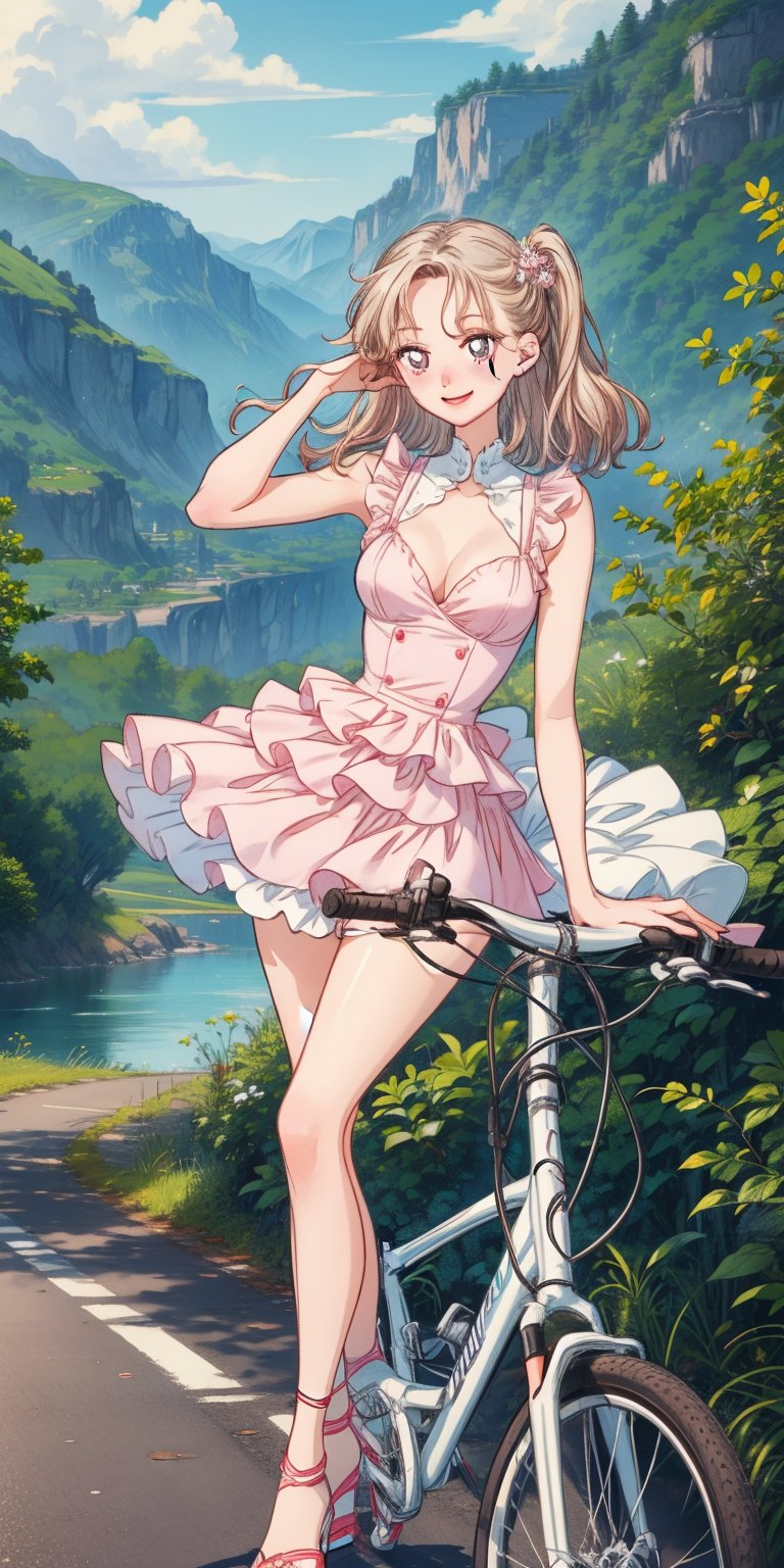 masterpiece, best quality, (((corect ratio))), chest up, poster, beautiful woman, breasty, morden road bicycle, morden road bicycle suit, long blue hair, pink streak hair, smile, very lively pose, mountainous scenery, flat illustration, in only two colors