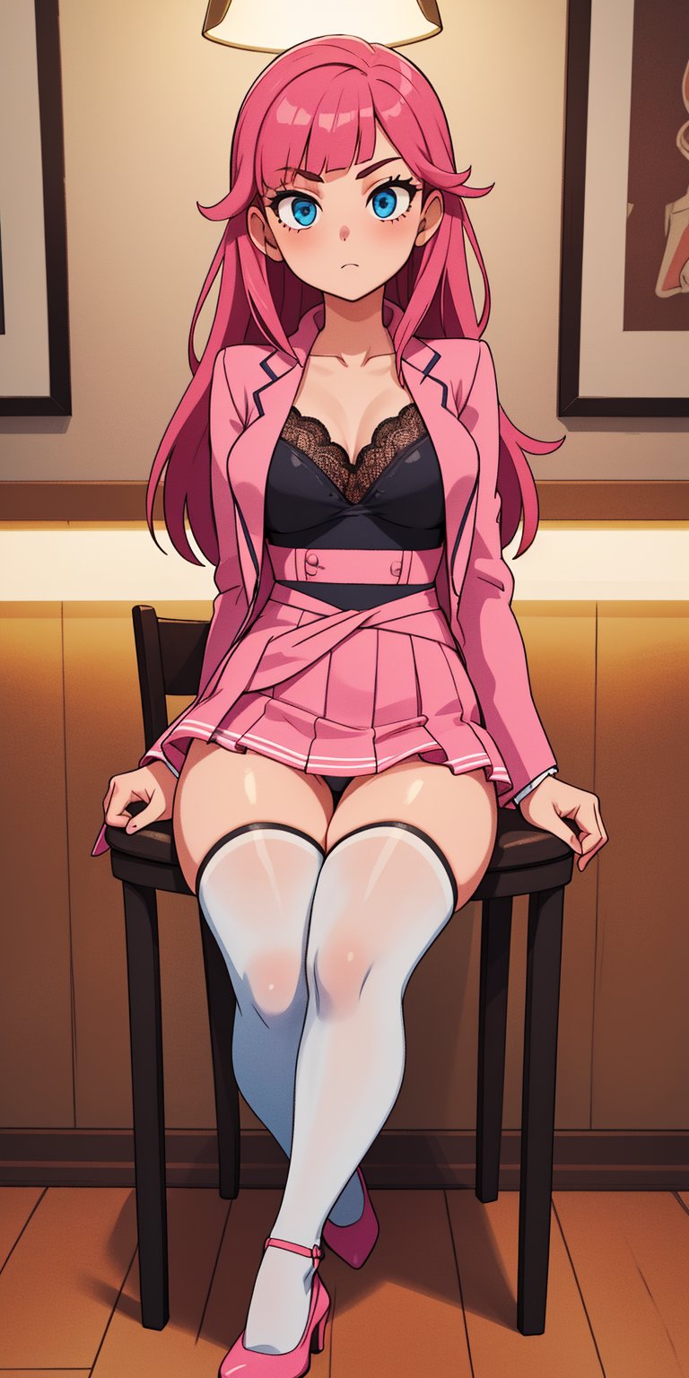 (((solo))), (((1 girl))), beautiful, masterpiece, best quality, extremely detailed face, perfect lighting, A mysterious woman, (((perfect anatomy))), (((right anatomy))), (((correct anatomy)))
white lace blouse, hot pink fit suit jacket, pink short skirts, blue eyes, waist long hair, hime cut hairstyle, see through stockings, sit on chair, cross legs, rogue high heels
street cafe, from bottom, PERFECT HANDS