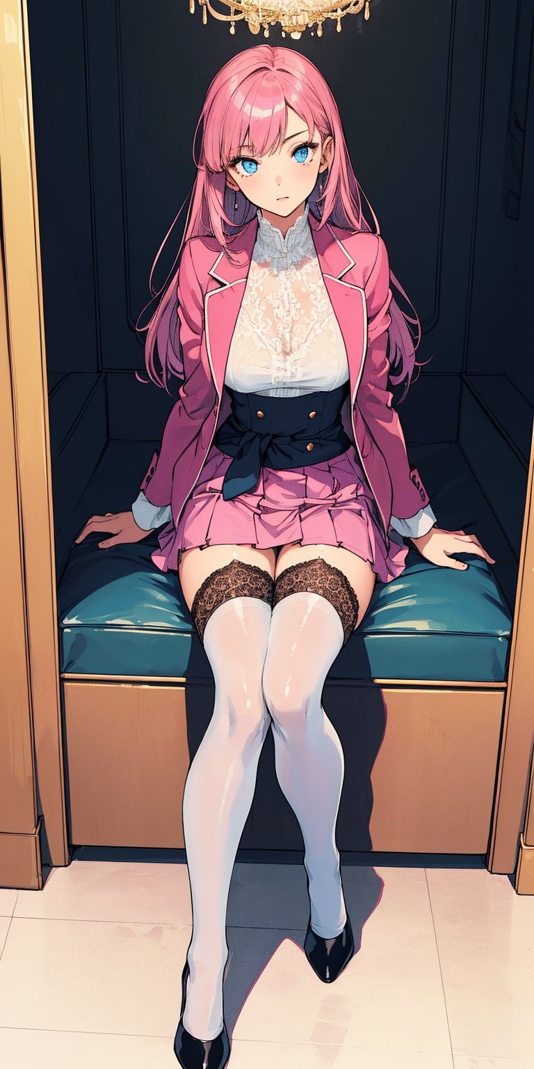 (((solo))), (((1 girl))), beautiful, masterpiece, best quality, extremely detailed face, perfect lighting, A mysterious woman, (((perfect anatomy))), (((right anatomy))), (((correct anatomy)))
white lace blouse, hot pink fit suit jacket, pink short skirts, blue eyes, waist long hair, hime cut hairstyle, see through stockings, sit on coach, high heels
lobby of hotel, suit cases, full body