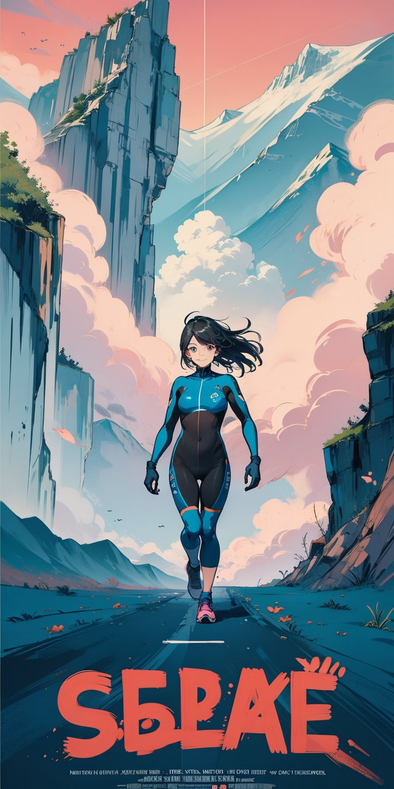 masterpiece, best quality, (((corect ratio))), chest up, poster, beautiful woman, breasty, morden road bicycle, morden road bicycle suit, long blue hair, pink streak hair, smile, very lively pose, mountainous scenery, flat illustration, in only two colors