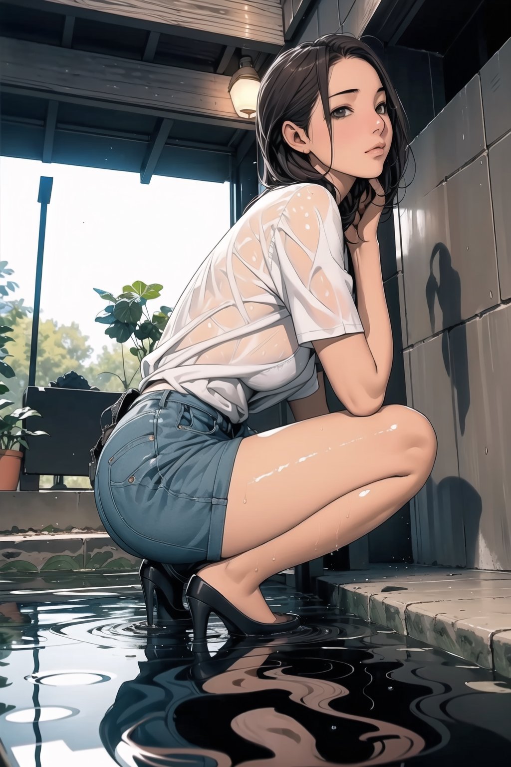 1 girl ,solo, squatting, (from below 1.5), (3 quarters view 1.1), wet floor, water pond, reflection, looking_at_viewer, 