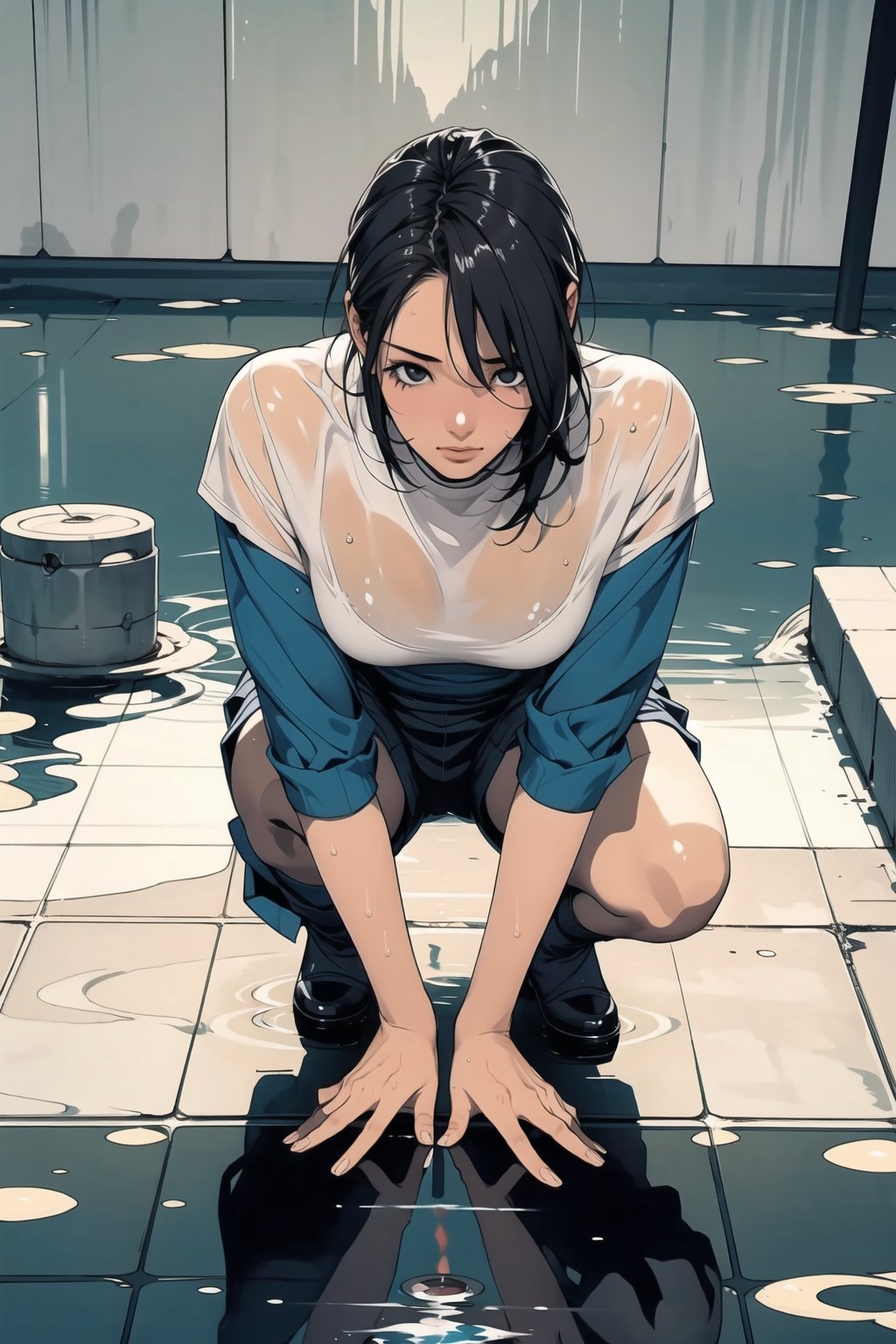 1 girl ,solo, squatting, looking down, wet floor, water pond, reflection, looking_at_viewer, 