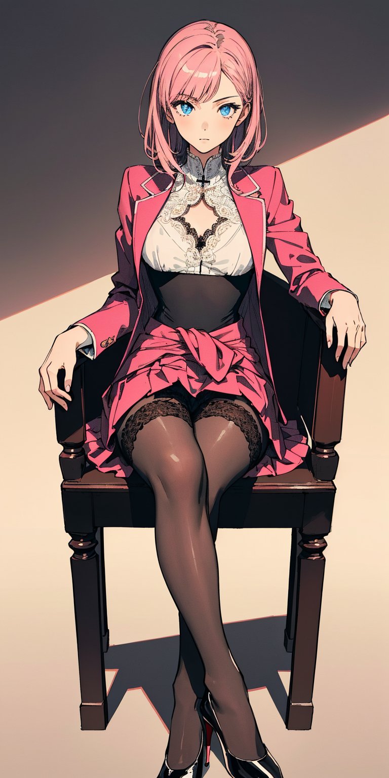 (((solo))), (((1 girl))), beautiful, masterpiece, best quality, extremely detailed face, perfect lighting, A mysterious woman, (((perfect anatomy))), (((right anatomy))), (((correct anatomy)))
white lace blouse, hot pink fit suit jacket, pink short skirts, blue eyes, waist long hair, hime cut hairstyle, see through stockings, sit on chair, cross legs, rogue high heels
lobby, from bottom