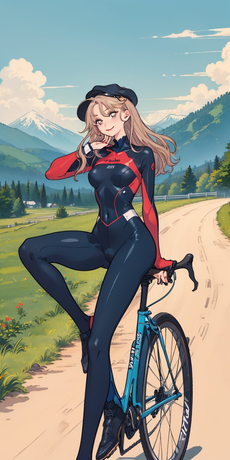 masterpiece, best quality, (((corect ratio))), chest up, poster, beautiful woman, breasty, morden road bicycle, morden road bicycle suit, long blue hair, pink streak hair, smile, very lively pose, mountainous scenery, flat illustration, in only two colors