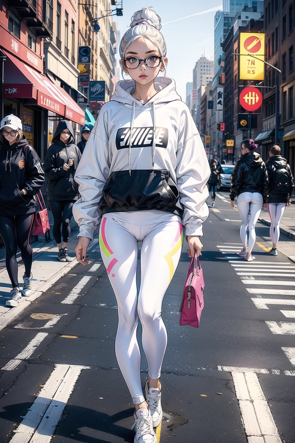 1 girl, lady, bright color, (graphic_oversize_hoodie:1.1),  (white_leggings:1.5), converse sneakers, sexy glasses, one fine purse, high end decorations, full body, hair bun, walking on crossing, NYC crossing, road curb, trific light,