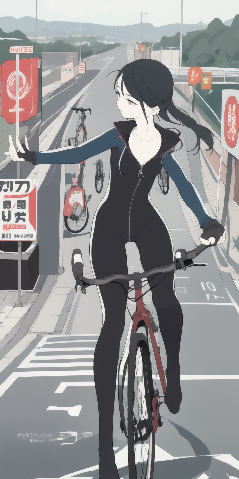 masterpiece, best quality, advertising poster, beautiful model, nice body, morden road bicycle, morden bicycle suit, open suit zip, long black hair, blue streak hair, hair chignon, lively pose, road scenery, flat illustration, only four colors, 