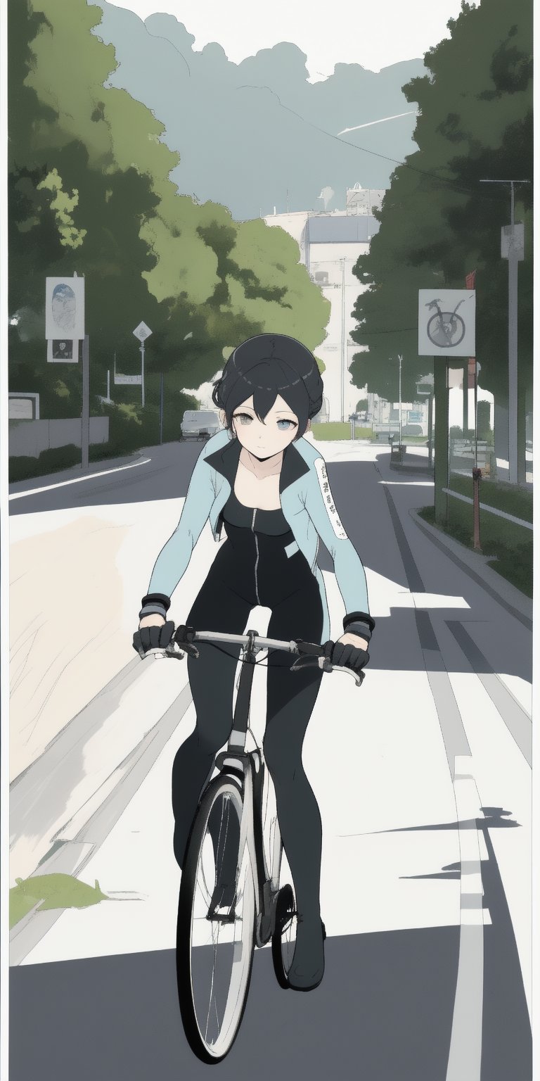 masterpiece, best quality, advertising poster, beautiful model, nice body, morden road bicycle, morden bicycle suit, open suit zip, long black hair, blue streak hair, hair chignon, lively pose, road scenery, flat illustration, only four colors, 