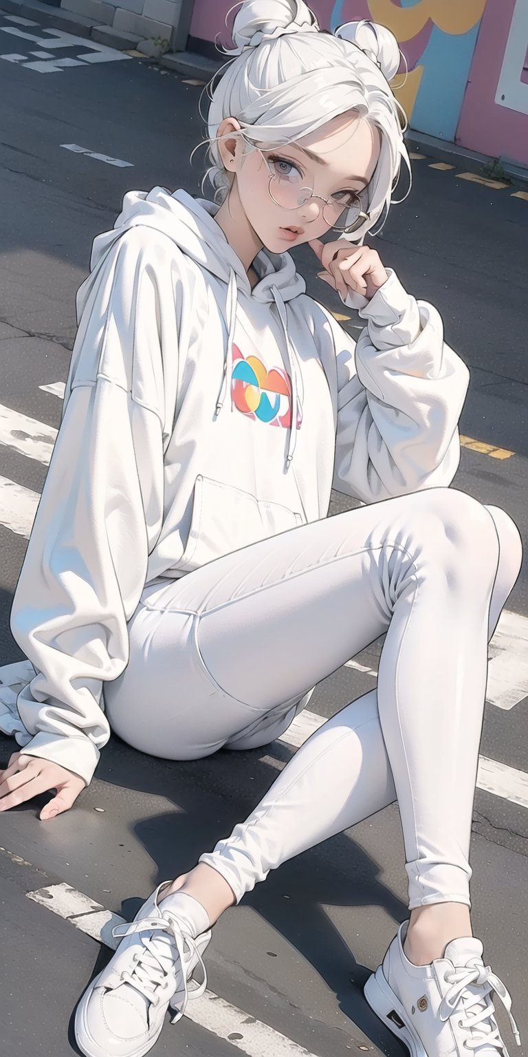 1 girl, lady, bright color, (graphic_oversize_hoodie:1.5),  (white_leggings:1.5), converse sneakers, rainbow sun glasses, fine purse, high end decorations, full body, hair bun, NYC street, sit on road curb, (low_angle:1.5), (under view shot:1.5),