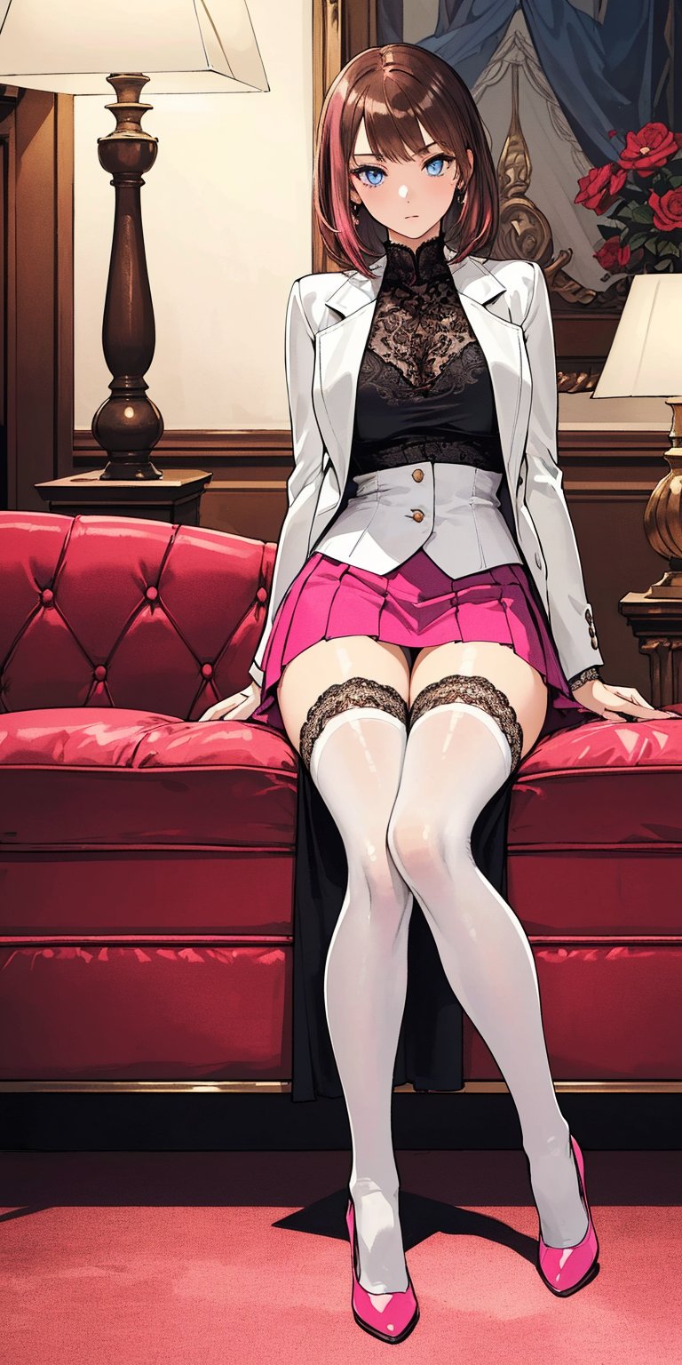 (((solo))), (((1 girl))), beautiful, masterpiece, best quality, extremely detailed face, perfect lighting, A mysterious woman, (((perfect anatomy))), (((right anatomy))), (((correct anatomy)))
white lace blouse, hot pink fit suit jacket, pink short skirts, blue eyes, brown long hair, hime cut hairstyle, see through stockings, sit on sofa, high heels
lobby of hotel, suit cases, full body