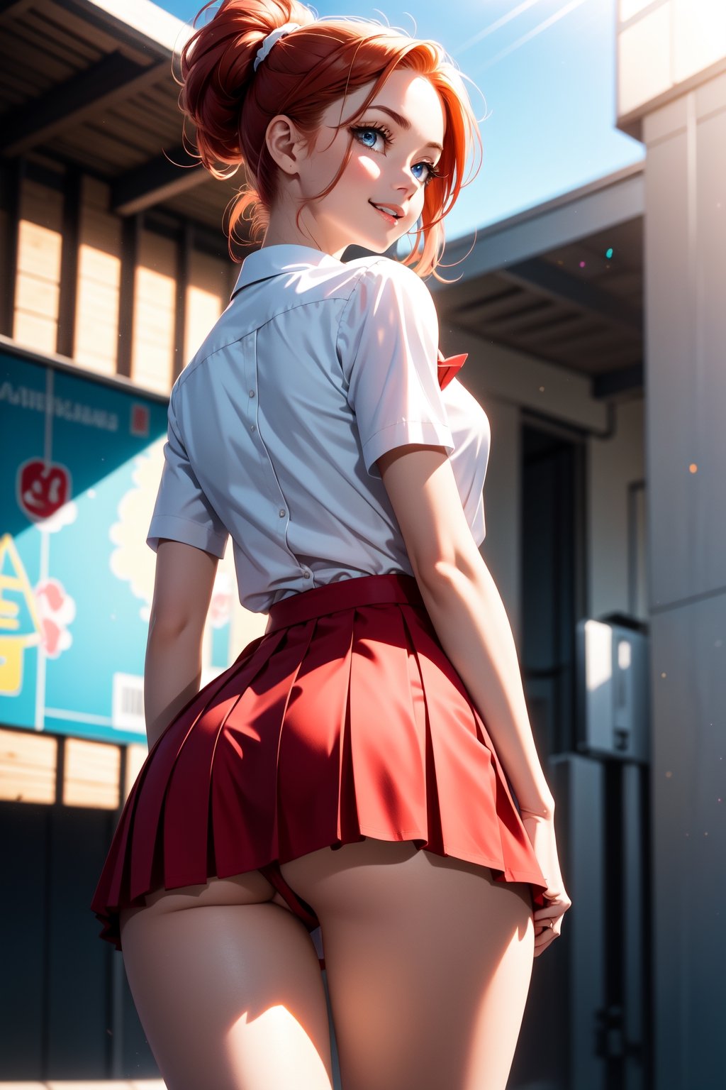 1girl, parted lips,  from back, presenting ass,  light smile, (light blue eyes, long  red ginger hair), school uniform (white thight shirt ,short cute school skirt),skirt up, show ass thigh gap, medium brests , light rays, glow, thighs, collarbone, narrow waist, slim body,  (masterpiece), wallpaper, cluseller, on a parking lot muscle cars