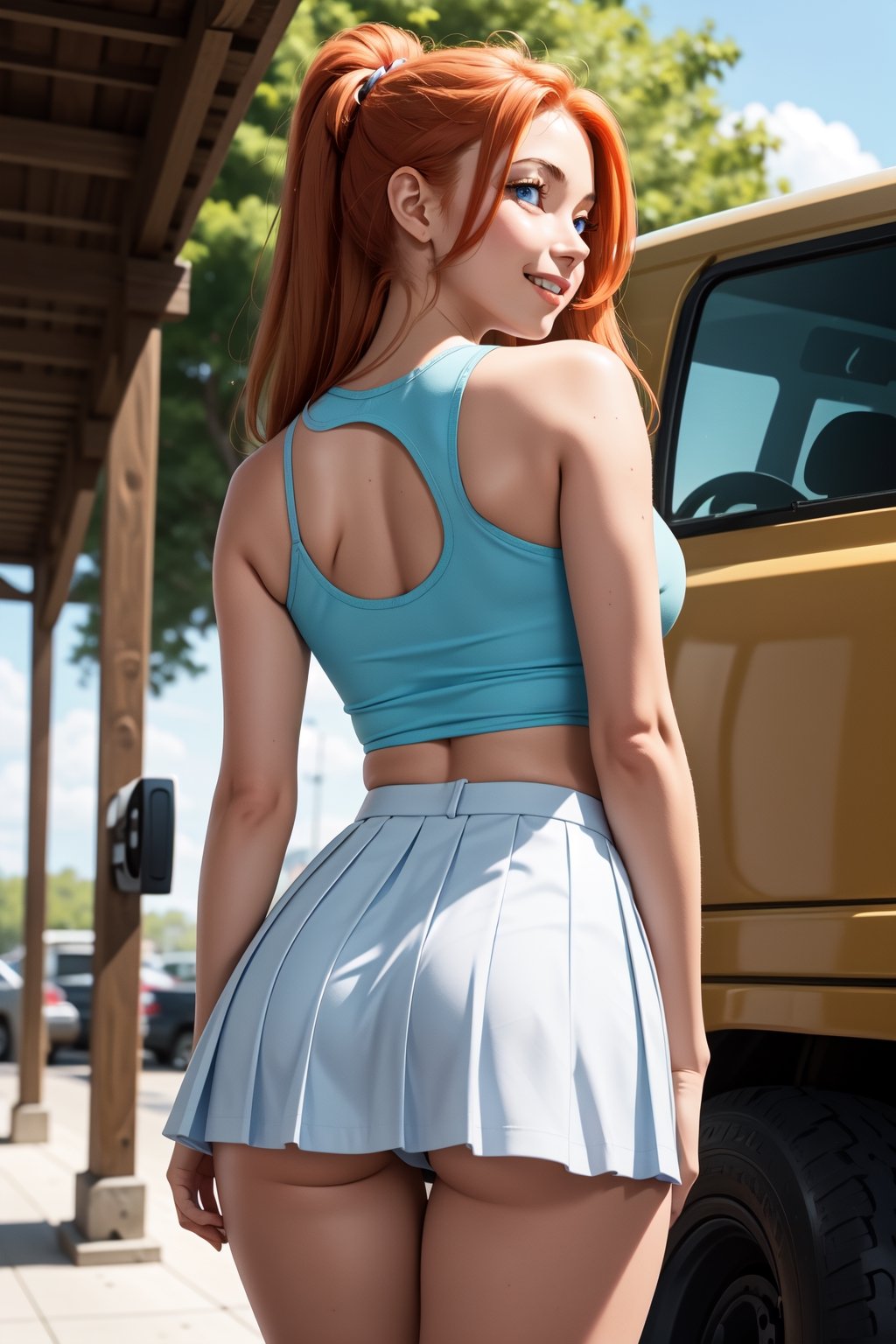 1girl, parted lips,  from back, presenting ass,  on a parking lot MILITARY cars, light smile, (light blue eyes, long  red ginger hair), school uniform (white thight tank top ,short cute SOILDER skirt),skirt up, show ass thigh gap, medium brests , light rays, glow, thighs, collarbone, narrow waist, slim body,  (masterpiece), wallpaper, cluseller, 