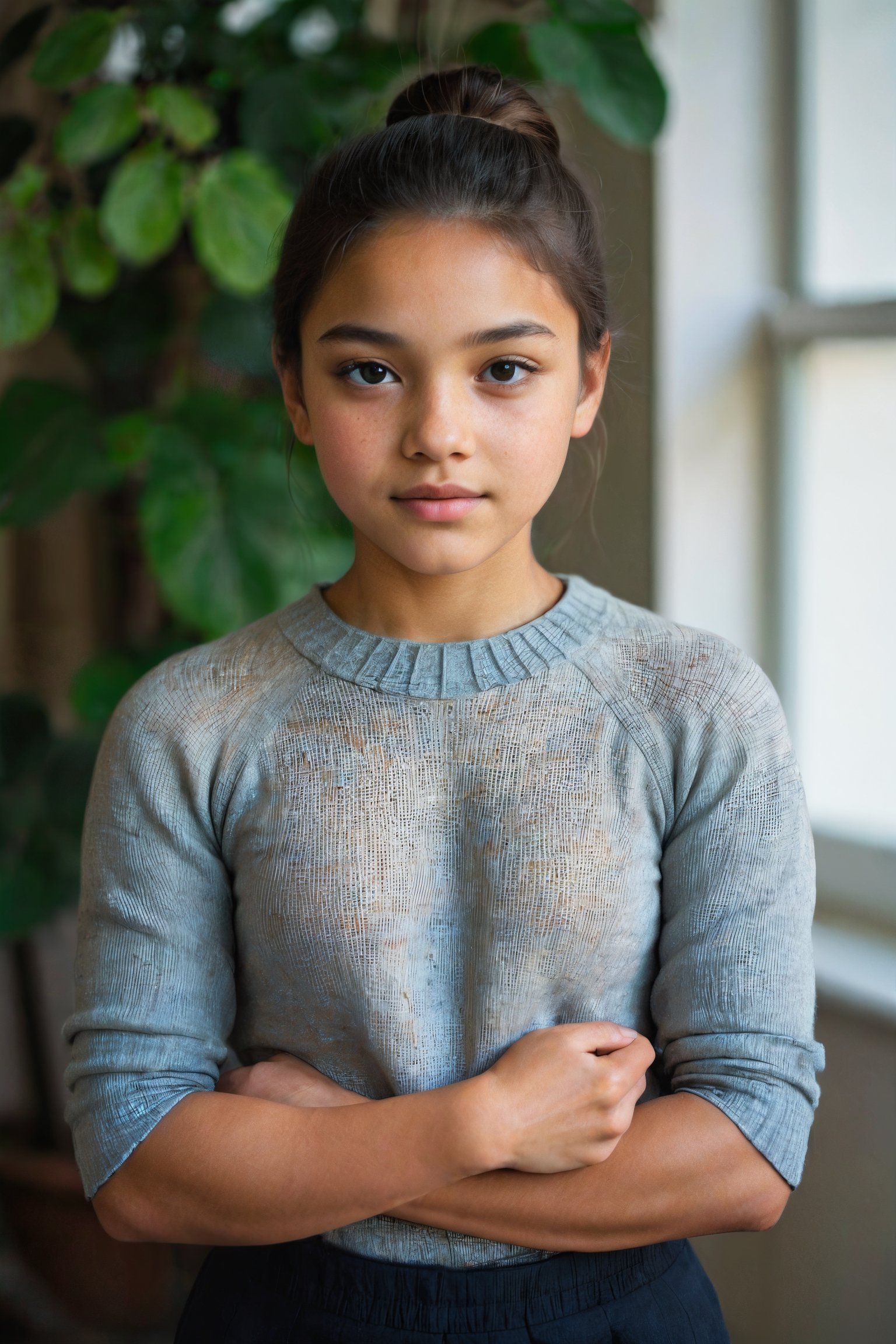 portrait photograph of a 12yo girl, light brown skin, black hair, chignon, slim endomorph, ripped, woollen_jumper