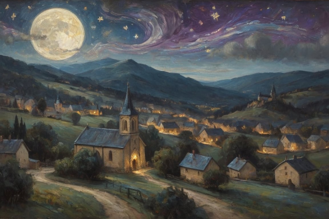 This painting depicts a night sky filled with swirling stars and a glowing crescent moon. In the foreground, there is a village nestled in a valley, with houses and a church illuminated by the moonlight. The hills and trees in the middle ground are also visible, outlined against the night sky. The overall composition of the painting is dynamic and expressive, with the swirling stars and curving lines creating a sense of movement and energy. The colors of the painting are predominantly shades of blue and violet, with some yellow and white highlights. The overall mood of the painting is one of wonder and awe at the beauty of the natural world.