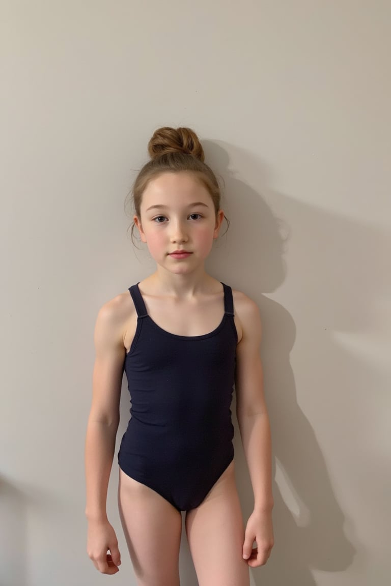 portrait photograph of a 9yo girl, chignon, slim endomorph, ripped, leotard, dance school, nineten