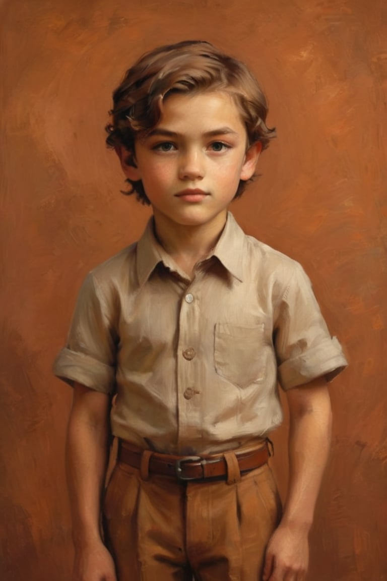 Boy, 6 years old.
Against the plain, terracotta backdrop of an Art Deco design, a charismatic individual poses waist-up, their hair styled with subtle texture and eyes locking onto the camera lens with unbridled confidence. The soft, warm glow illuminates them highlighting delicate features and accentuating their figure.