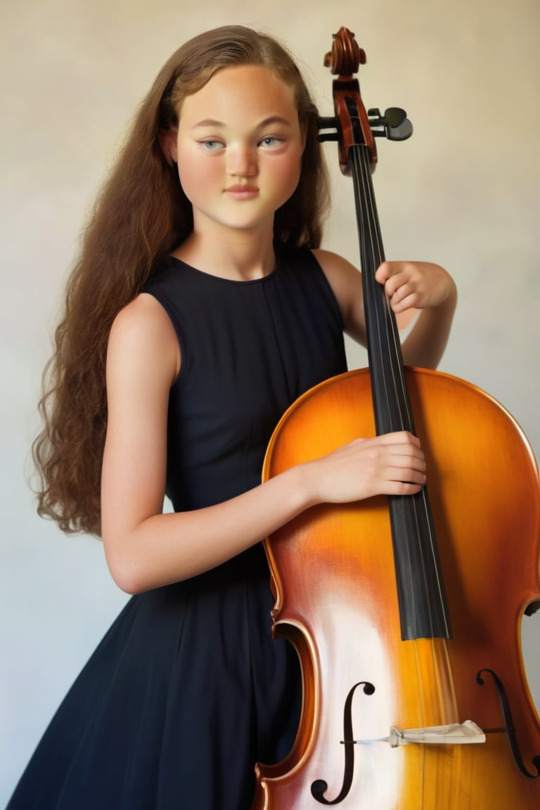 A warm summer light illuminates a strong teenage girl with long dark brown locks, posed confidently in a modern oil painting. She is wearing a black dress and playing a cello.
Her smooth tanned complexion glows under the sunlight, highlighting toned physique. Simple background allows their striking features to take center stage.
