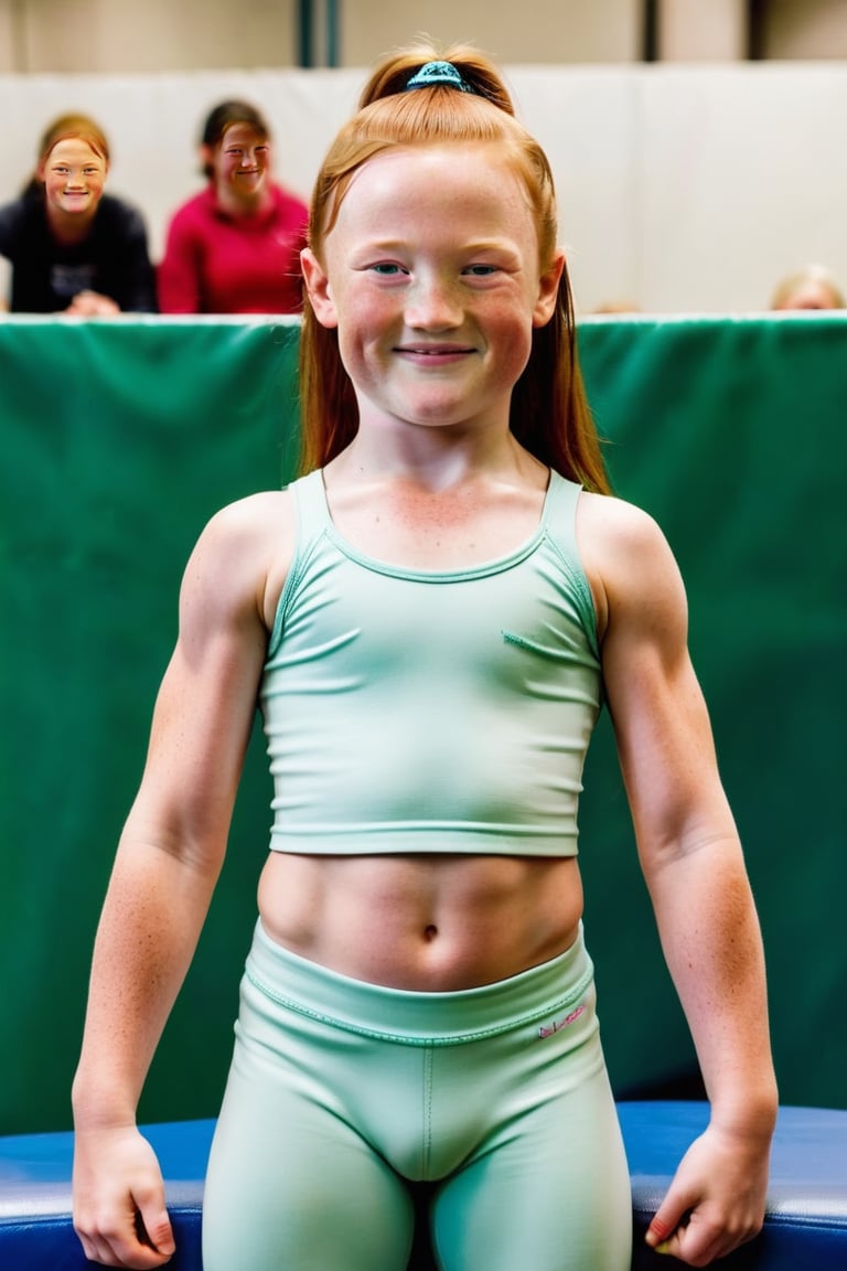 full-body-length photograph of a 8yo gymnast girl, jeans and croptop, muscular, pale skin, freckles, ginger long hair, green eyes,  endomorph, square face, smiling