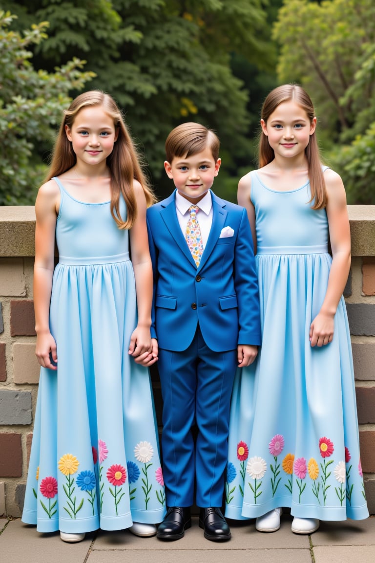 A 13-year-old girl and a 8-year-old girl flank a 11-year-old boy as they casually lean against a stone wall. Each girl wears a long blue sundress with different coloured flowers embroidered along the hem. The boy wears a blue suit with a white shirt and flower patterned tie. 