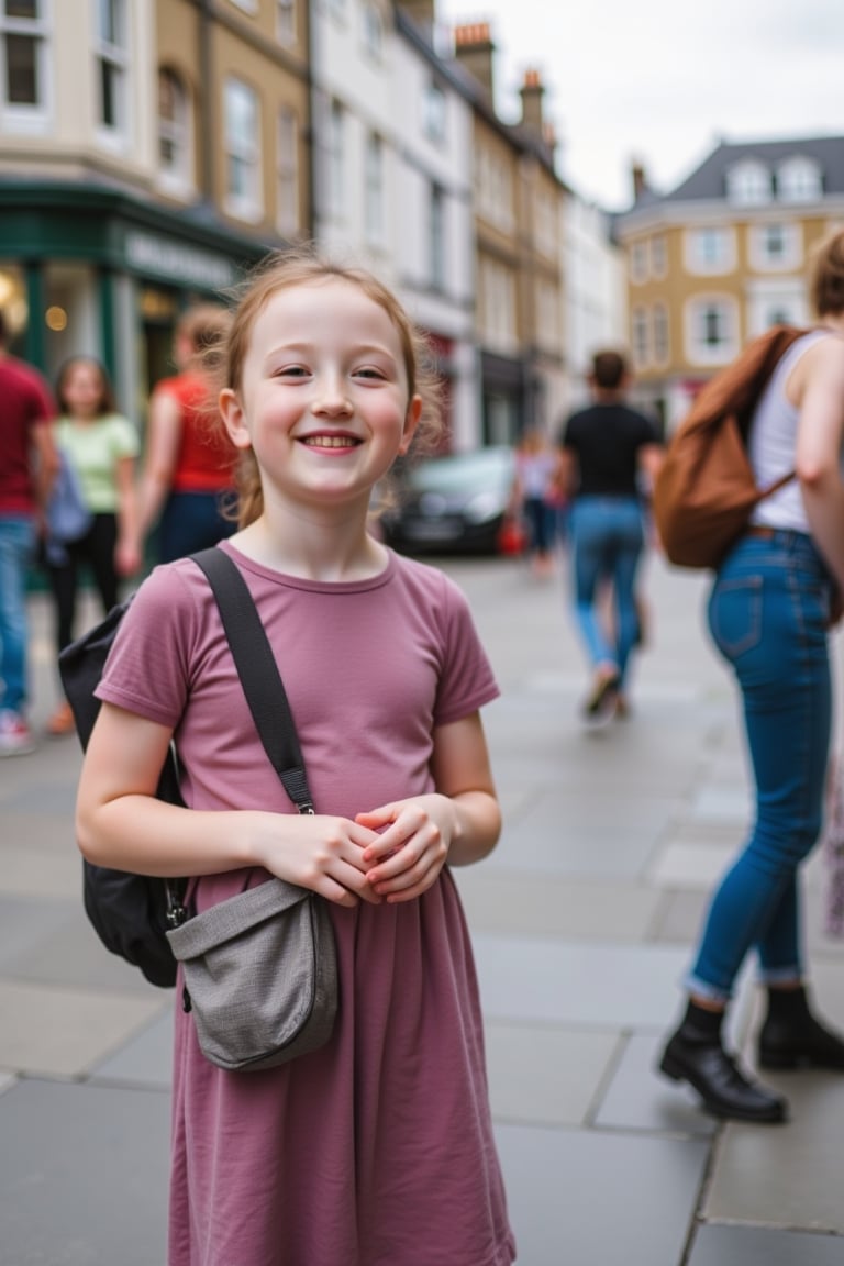 Photograph of a young girl child on holiday in London, smiling. 