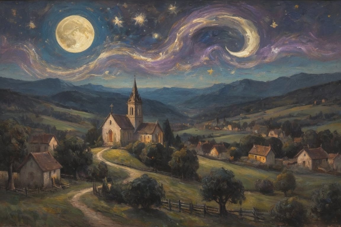 This painting depicts a night sky filled with swirling stars and a glowing crescent moon. In the foreground, there is a village nestled in a valley, with houses and a church illuminated by the moonlight. The hills and trees in the middle ground are also visible, outlined against the night sky. The overall composition of the painting is dynamic and expressive, with the swirling stars and curving lines creating a sense of movement and energy. The colors of the painting are predominantly shades of blue and violet, with some yellow and white highlights. The overall mood of the painting is one of wonder and awe at the beauty of the natural world.