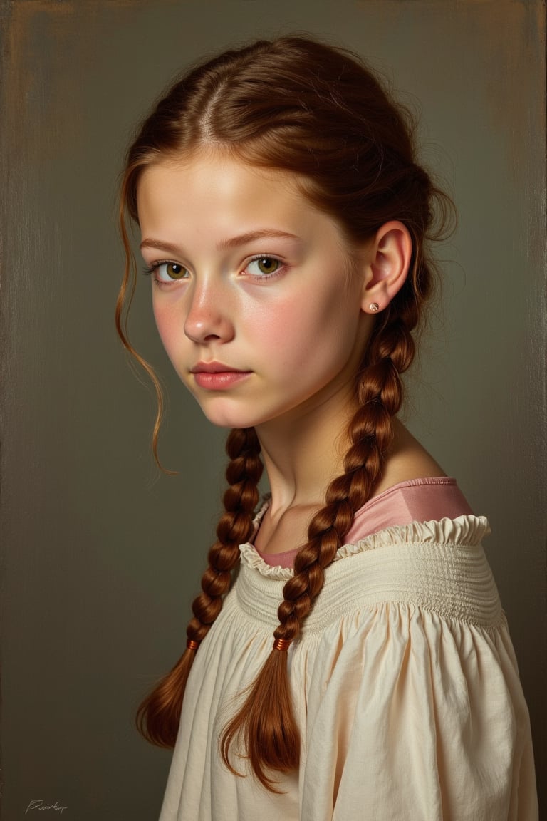 Full-body-length painting of a Young Girl: A slender, 18-year-old girl with dark russet hair tied in double plaits and light brown eyes gazes directly at the camera, exuding confidence.