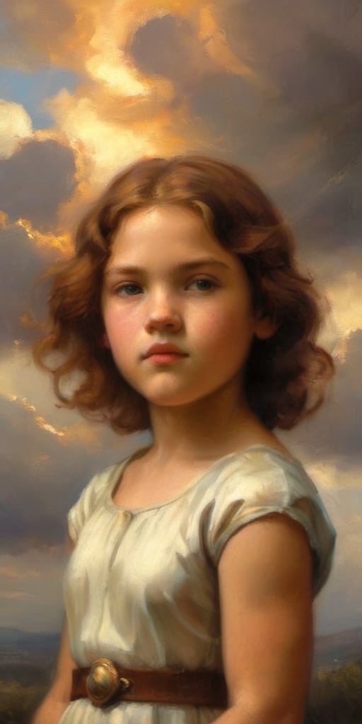 A broad-shouldered child girl wearing a cap-sleeve summer dress, approximately 13 years old, basks amidst wispy cloud formations, her rich mahogany hair cut in a bob, while a radiant golden aura surrounds her round face, symbolizing her divine status as a goddess. Her intense stare at the viewer is the focus, as the soft clouds and subtle lighting evoke a sense of ethereal tranquility.