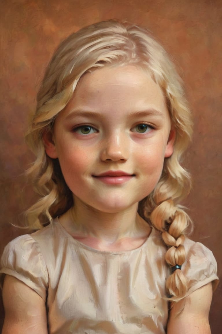 Girl 6 years old, blonde hair in two plaits. Muscular.
Against the plain, terracotta backdrop of an Art Deco design, a charismatic individual poses waist-up, their hair styled with subtle texture and eyes locking onto the camera lens with unbridled confidence. The soft, warm glow illuminates them highlighting delicate features and accentuating their figure.