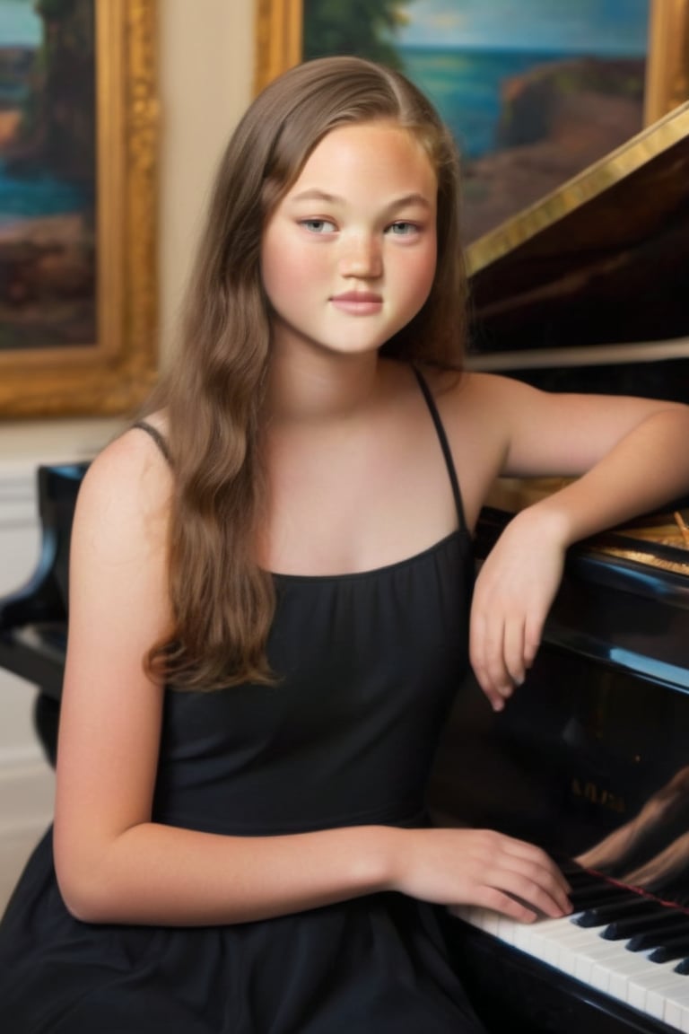 A warm summer light illuminates a strong teenage girl with long dark brown locks, posed confidently in a modern oil painting. She is wearing a black dress and sitting at a piano.
Her smooth tanned complexion glows under the sunlight, highlighting toned physique. Simple background allows their striking features to take center stage.
