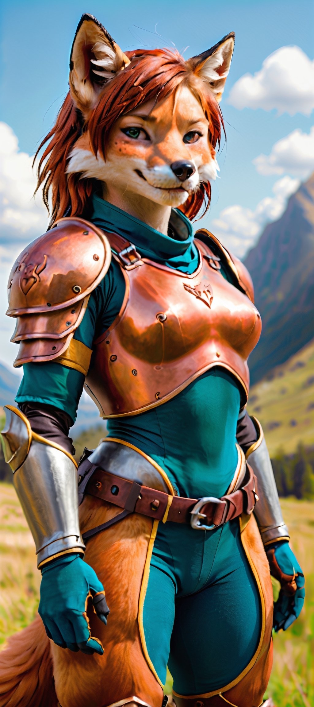 fill-bofy-length photograph of a 10yo girl knight, anthro fox, mostly scenery, very-wide-angle, pale freckled skin, copper_red hair, short-hair, slim endomorph, ripped, armour,, smile,