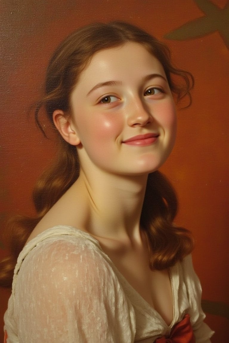 Close-up portrait oil painting of a young woman, smiling. Terracotta art deco background.