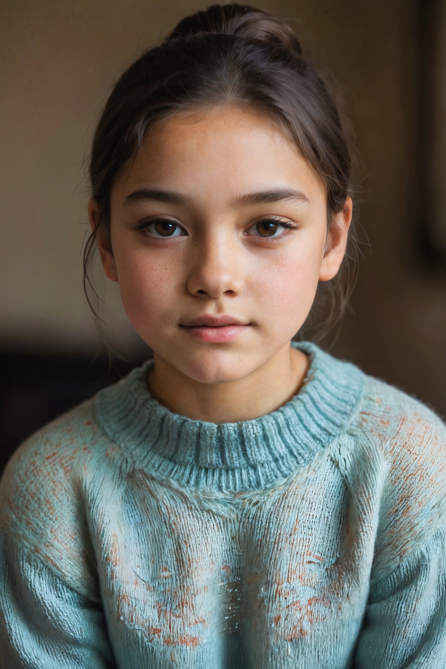 portrait photograph of a 12yo girl, light brown skin, black hair, chignon, slim endomorph, ripped, woollen_jumper