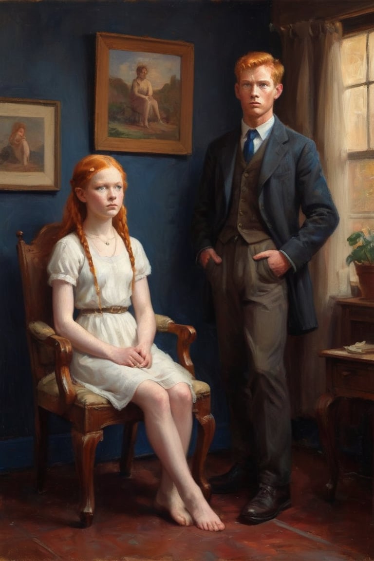 Full-body-length Oil Painitng of a slender, 14-year-old girl with fiery ginger hair tied in double plaits and bright blue eyes gazes directly at the camera, exuding confidence. stands beside a handsome blonde man sitting in a leather wing chair. Her porcelain complexion and ginger freckles glow under the soft, warm lighting, accentuating her delicate features. She wears a sheer white dress and a pearl necklace