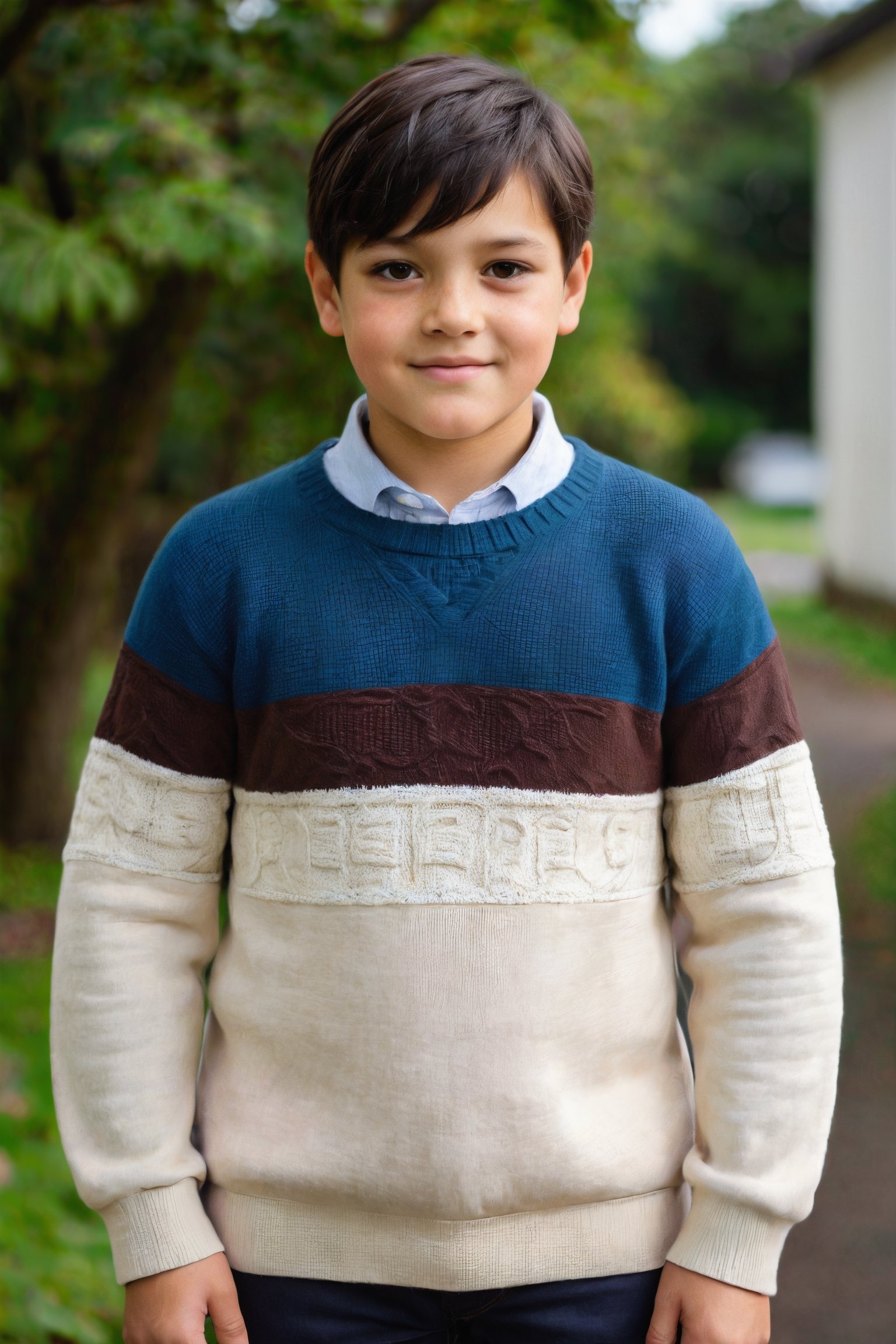 portrait photograph of a 10yo boy, light brown skin, black hair, short_hair, slim endomorph, ripped, woollen_jumper