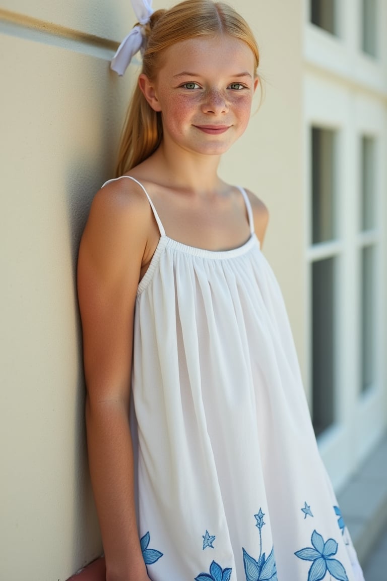 A curvaceous busty 16-year-old girl blonde casually leans against a wall. She wears a translucent white sundress with blue flowers embroidered along the hem, that constrasts strongly with her freckels. She has long straight hair tied back with a ribbon. She gazes straight at the camera, smiling gently. 