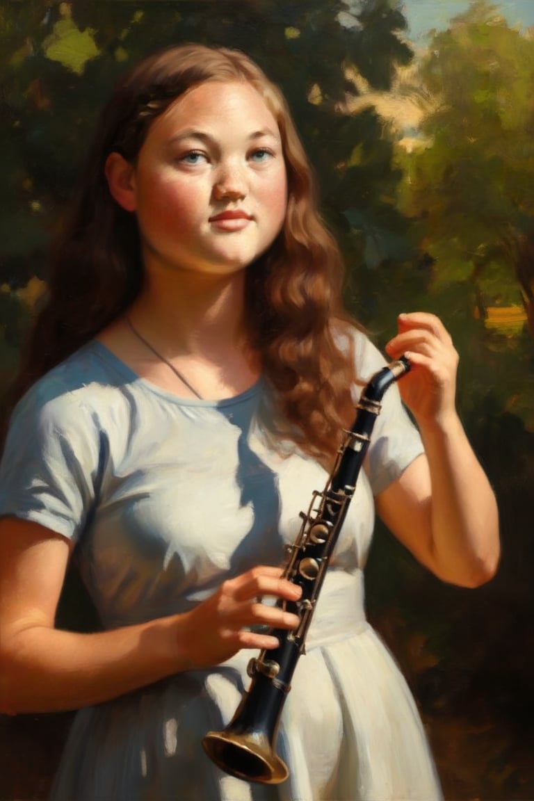 A warm summer light illuminates a strong teenage girl with long dark brown locks, posed confidently in a modern oil painting. She is wearing a black dress and playing a clarinet.
Her smooth tanned complexion glows under the sunlight, highlighting toned physique. Simple background allows their striking features to take center stage.
