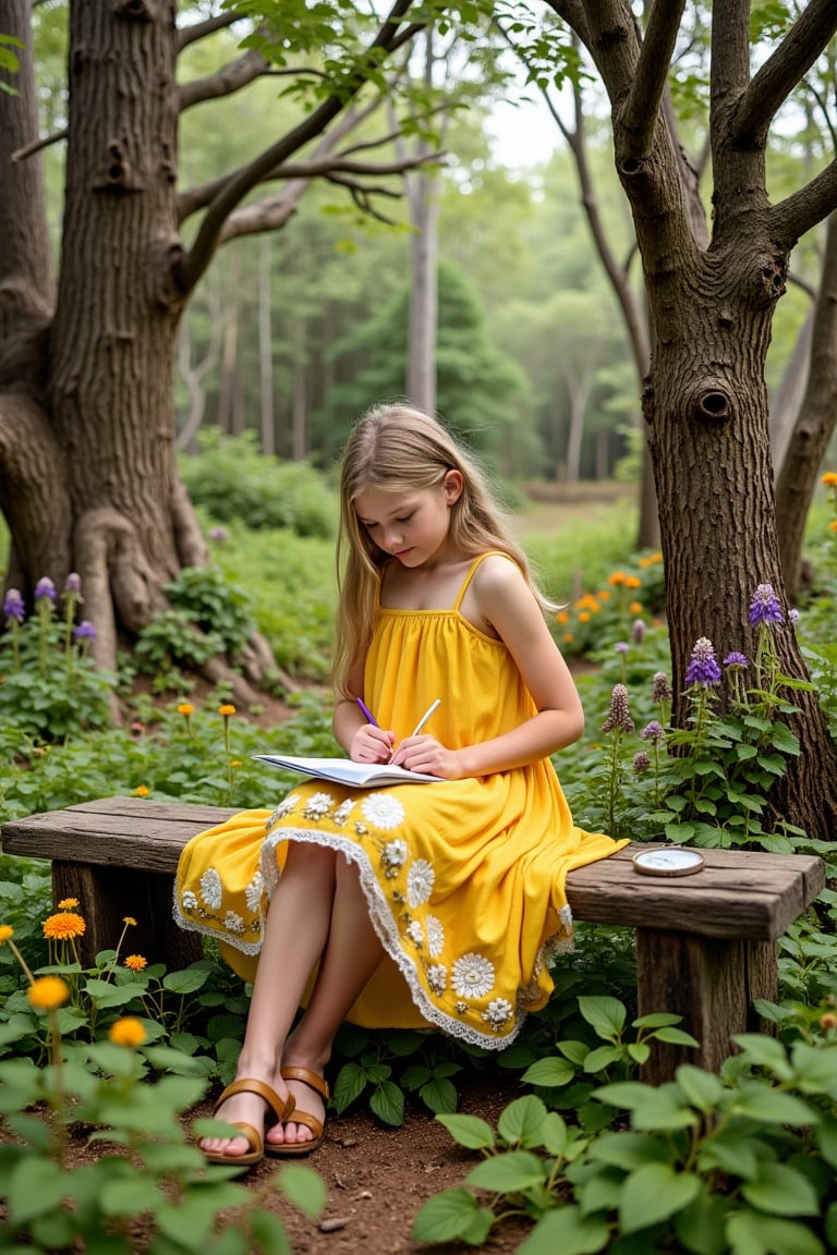 A 13-year-old girl sits on a worn wooden bench in a whimsical forest clearing, surrounded by tall trees with gnarled branches and vibrant wildflowers. She wears a flowing yellow sundress with white flowers embroidered along the hem, long straight hair tied back with a ribbon. She gazes down at a sketchbook on her lap, pencil poised to capture the beauty of her surroundings.