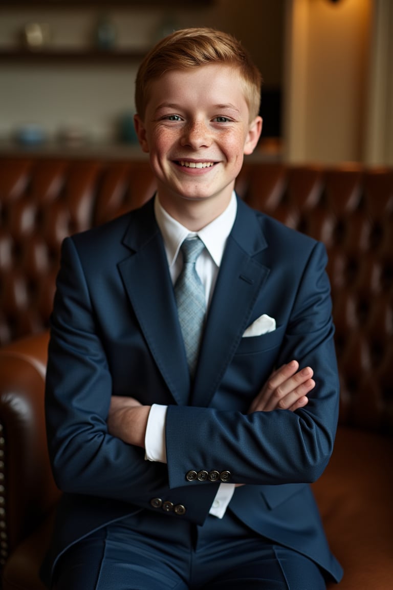 A medium shot of a young man, dressed in a sharp three-piece suit with a crisp white shirt and tie, sitting confidently with his arms crossed on a leather-bound chair. Soft, warm lighting illuminates his face, highlighting his bright blue eyes and charming smile.