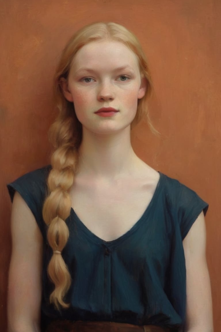 Woman, 23 years old, pale skin, long blonde hair in plait.
Against the plain, terracotta backdrop of an Art Deco design, a charismatic individual poses waist-up, their dark brown hair styled with subtle texture and light brown eyes locking onto the camera lens with unbridled confidence. The soft, warm glow illuminates them highlighting delicate features and accentuating their figure.