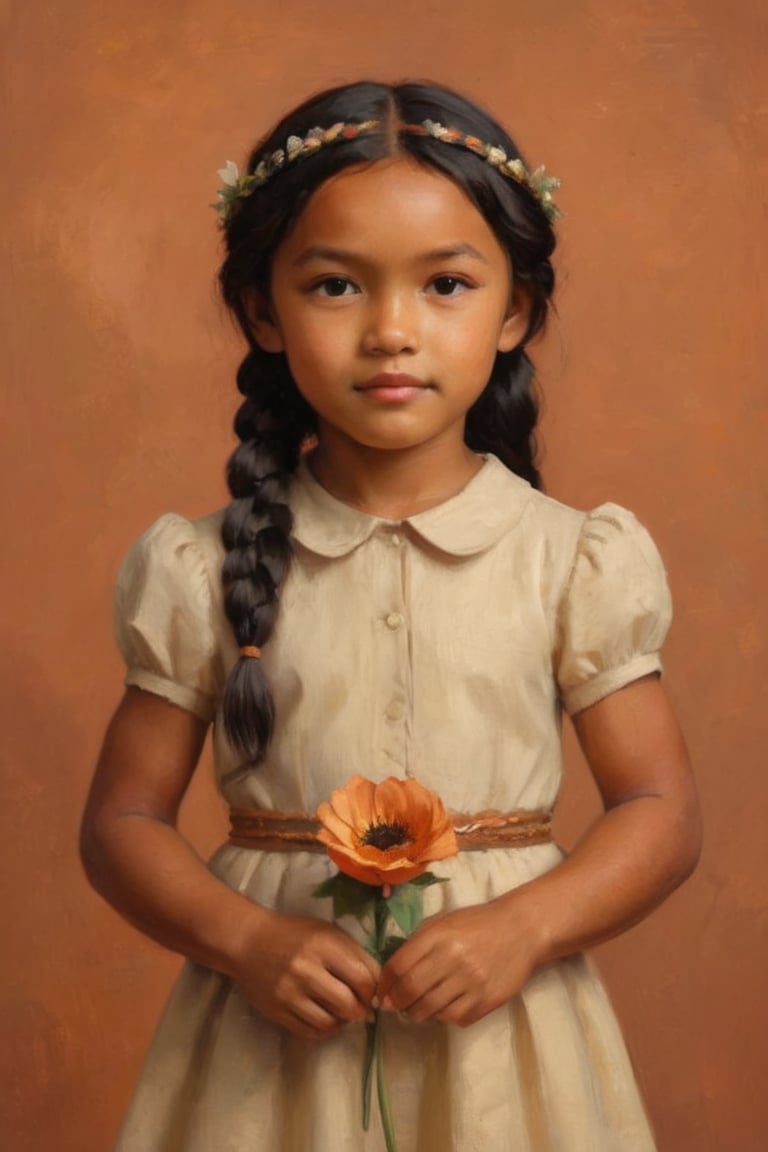 Girl, 6 year old, black hair, tan skin, plaits with a flower in hair
Against the plain, terracotta backdrop of an Art Deco design, a charismatic individual poses waist-up, their hair styled with subtle texture and eyes locking onto the camera lens with unbridled confidence. The soft, warm glow illuminates them highlighting delicate features and accentuating their figure.