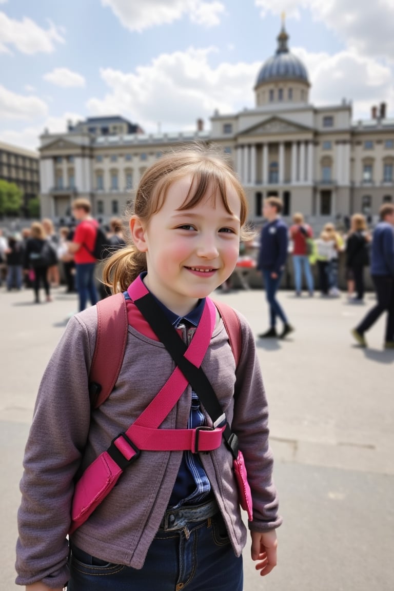 Photograph of a young girl child on holiday in London, smiling. 