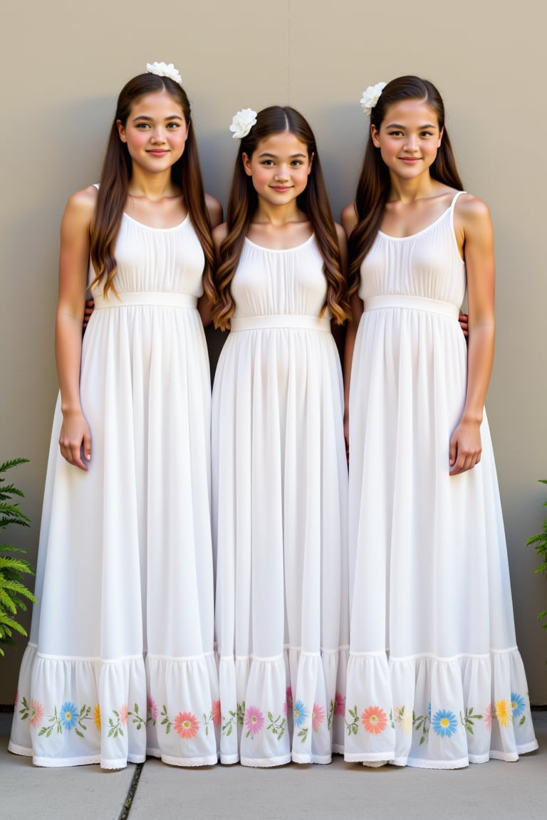 Three young women sisters casually lean against a wall. Each wears a long nearly transparent white sundress with differnt coloured flowers embroidered along the hem. All have long straight hair tied back with a ribbon. She gazes straight at the camera, smiling gently. 