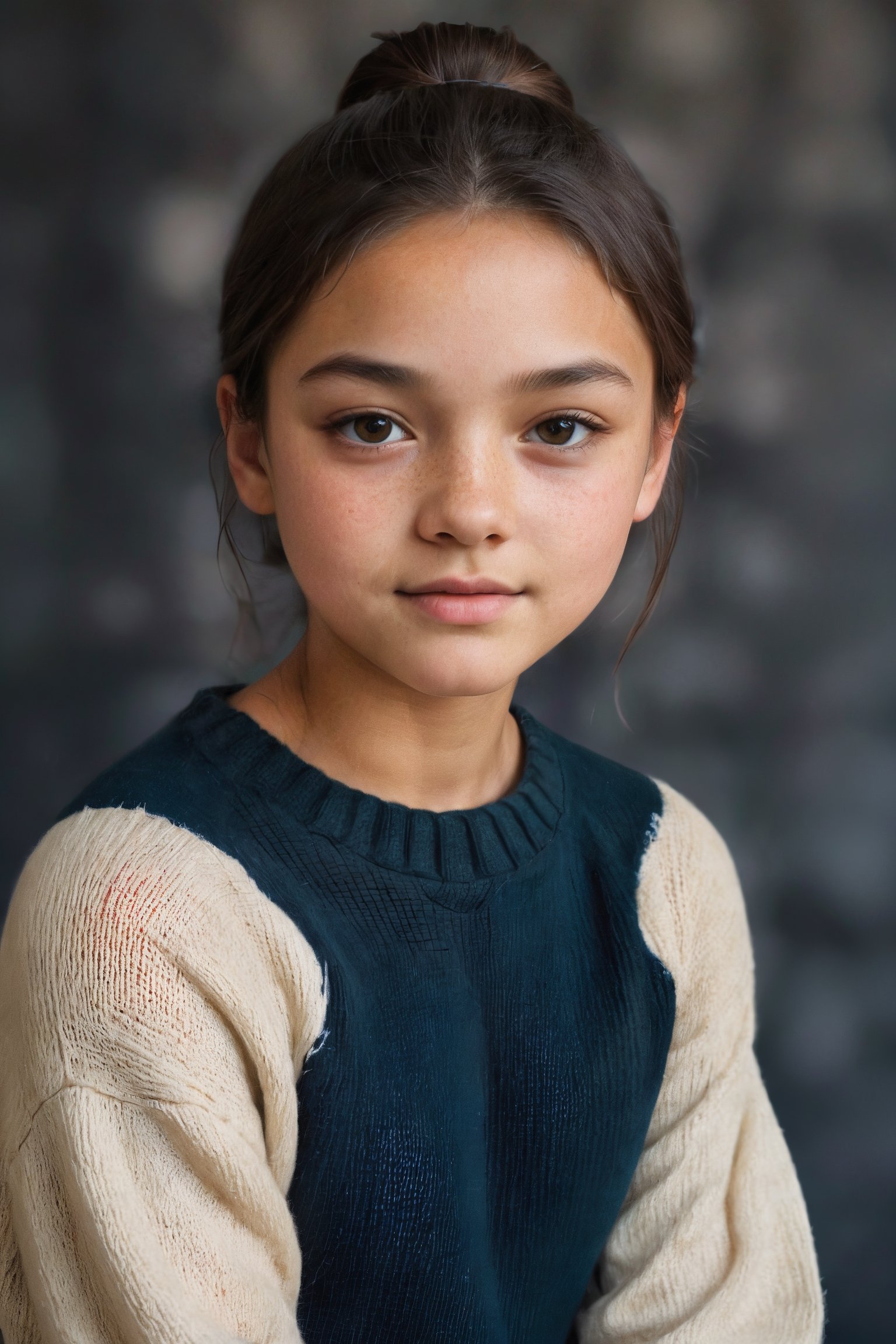 portrait photograph of a 12yo girl, light brown skin, black hair, chignon, slim endomorph, ripped, woollen_jumper