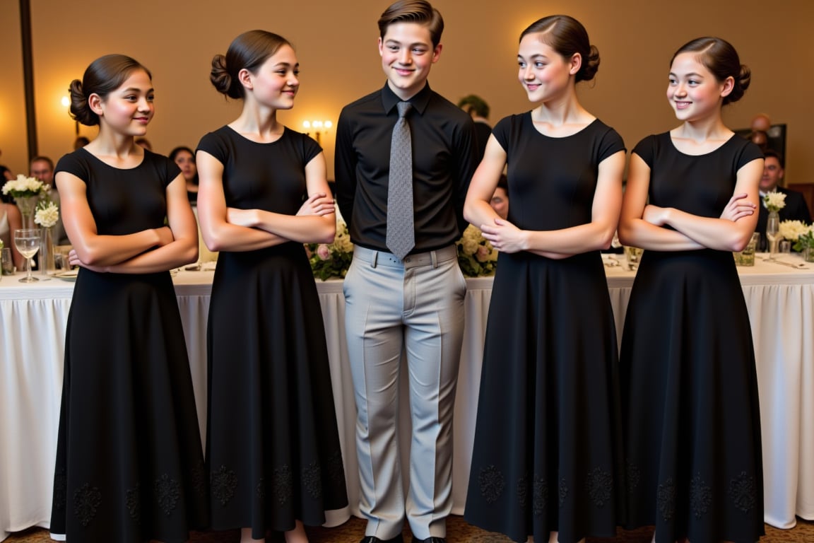 Four teenage girls flank a teenage boy as they casually lean against a tall table at a wedding. Each girl wears a long black cap sleeve dress with black flowers embroidered along the hem. The boy wears a black with a grey shirt and black flower patterned tie. All three have dark tan skin and childish builds. The girl on the left has dark blonde hair and the others have dark brown hair. They are mourning, but happy.