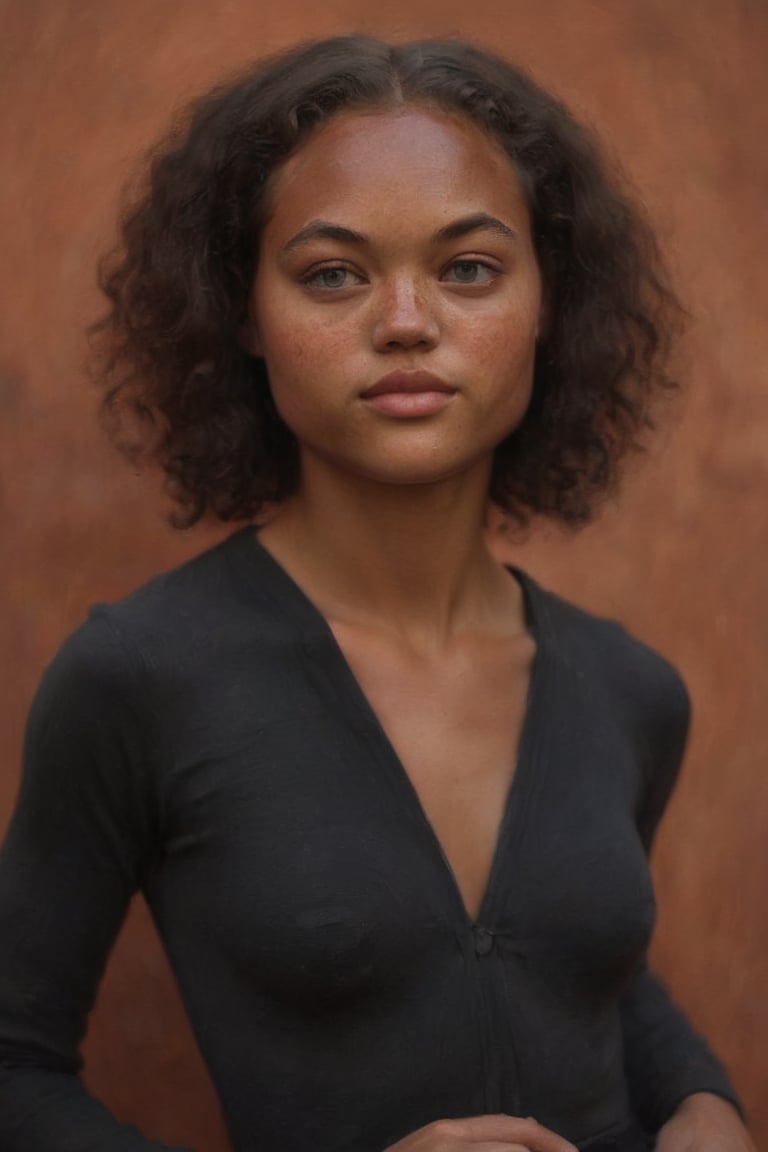 Woman, 25 years old, Dark tan skin, Black hair, freckles, muscular.
Against the plain, terracotta backdrop of an Art Deco design, a charismatic individual poses waist-up, their dark brown hair styled with subtle texture and light brown eyes locking onto the camera lens with unbridled confidence. The soft, warm glow illuminates them highlighting delicate features and accentuating their figure.