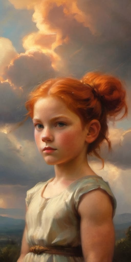 A muscular child girl wearing a cap-sleeve summer dress, approximately 8 years old, basks amidst wispy cloud formations, her copper red hair pulled tightly back into a bun, while a radiant golden aura surrounds her round face, symbolizing her divine status as a goddess. Her intense stare at the viewer is the focus, as the soft clouds and subtle lighting evoke a sense of ethereal tranquility.