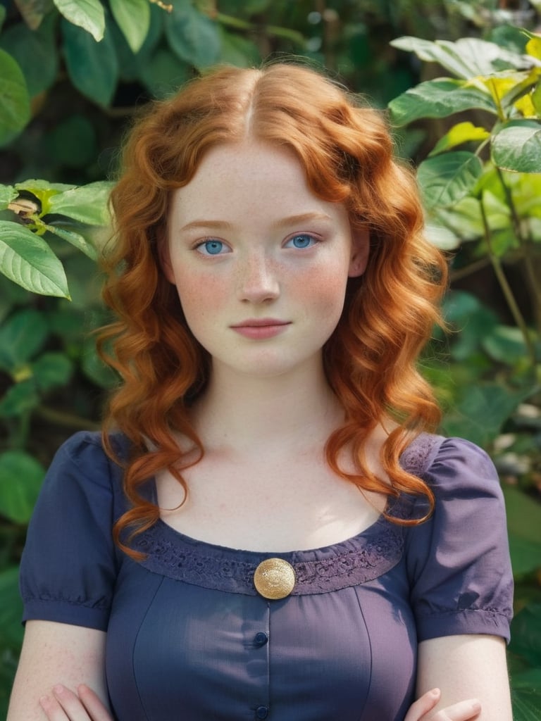 full-body photo of a 21yo girl, biegeskin, freckles, blue eyes, straight copper_red hair, ringlets, round face, square jaw