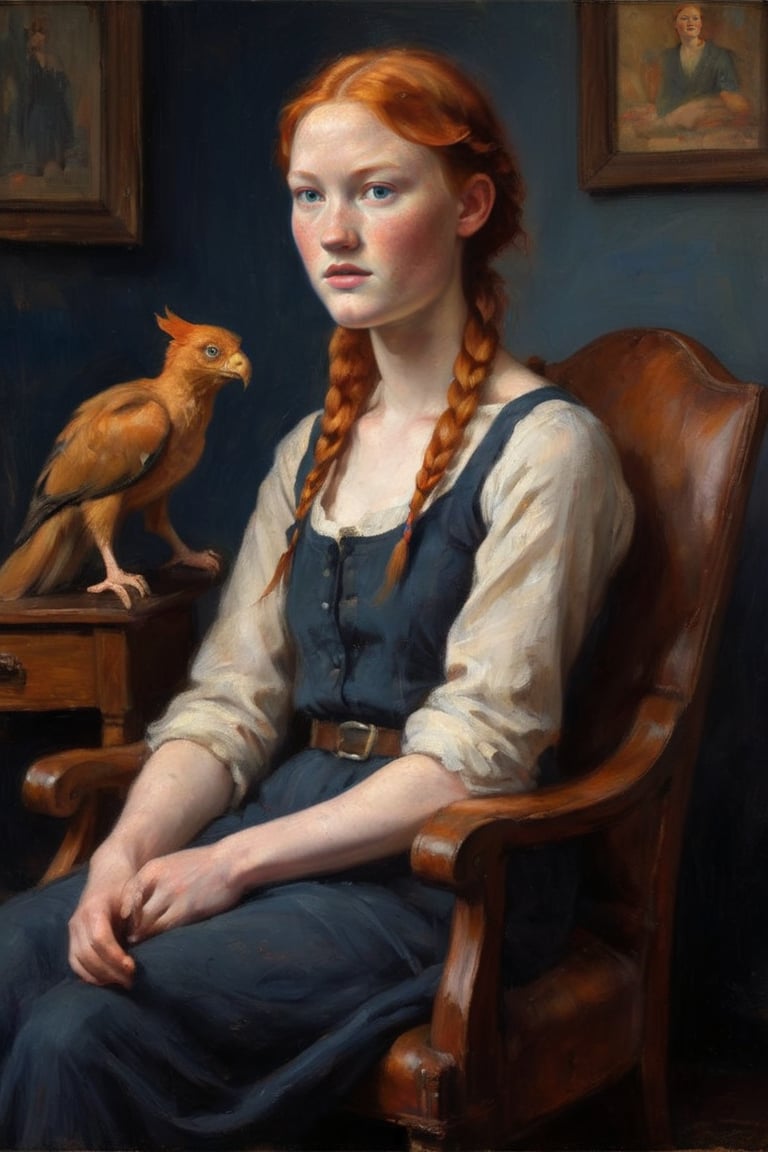 Full-body-length Oil Painitng of a slender, 23-year-old girl with fiery ginger hair tied in double plaits and bright blue eyes gazes directly at the camera, exuding confidence. She sits in a leather wing chair. Her porcelain complexion and ginger freckles glow under the soft, warm lighting, accentuating her delicate features. The framing of the shot showcases her long neck, which she holds tall and proud, as if embracing her own unique beauty. 