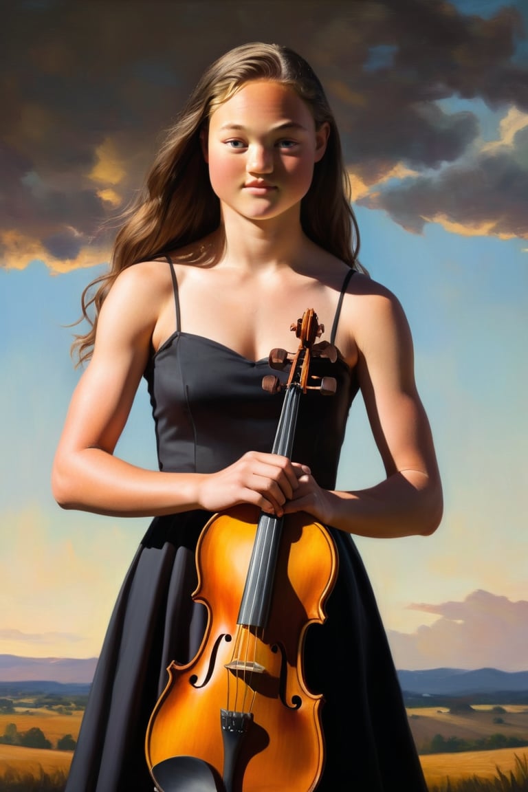 A warm summer light illuminates a strong teenage girl with long dark brown locks, posed confidently in a modern oil painting. She is wearing a black dress and playing a violin.
Her smooth tanned complexion glows under the sunlight, highlighting toned physique. Simple background allows their striking features to take center stage.
