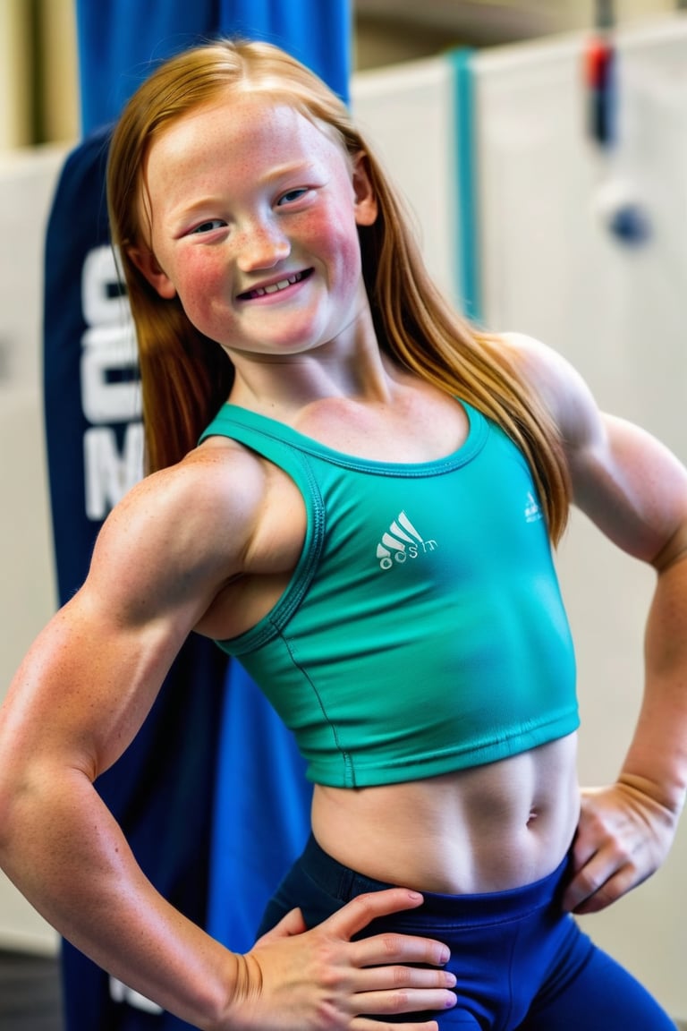 full-body-length photograph of a 8yo gymnast girl, jeans and croptop, muscular, pale skin, freckles, ginger long hair, green eyes,  endomorph, square face, smiling